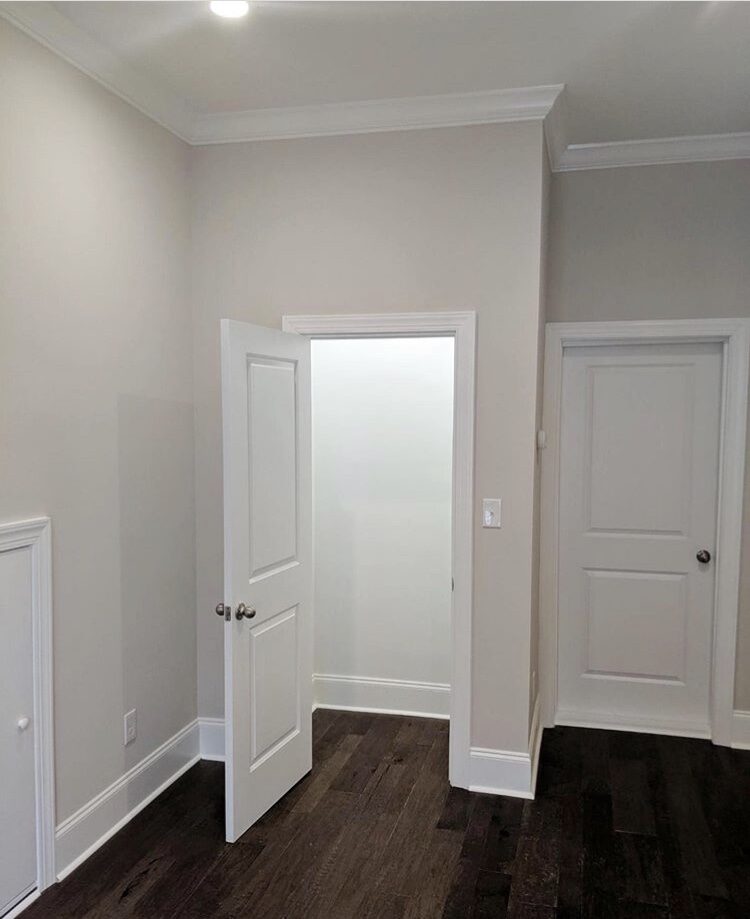 Hallway with white doors and dark flooring