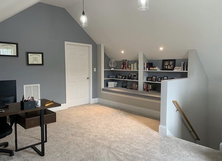 Bonus room office with built-in shelves