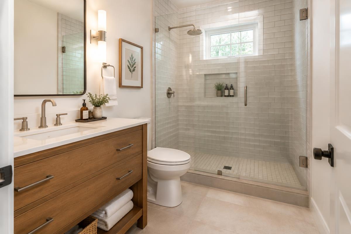 Bathroom with a tiled glass shower and wood vanity