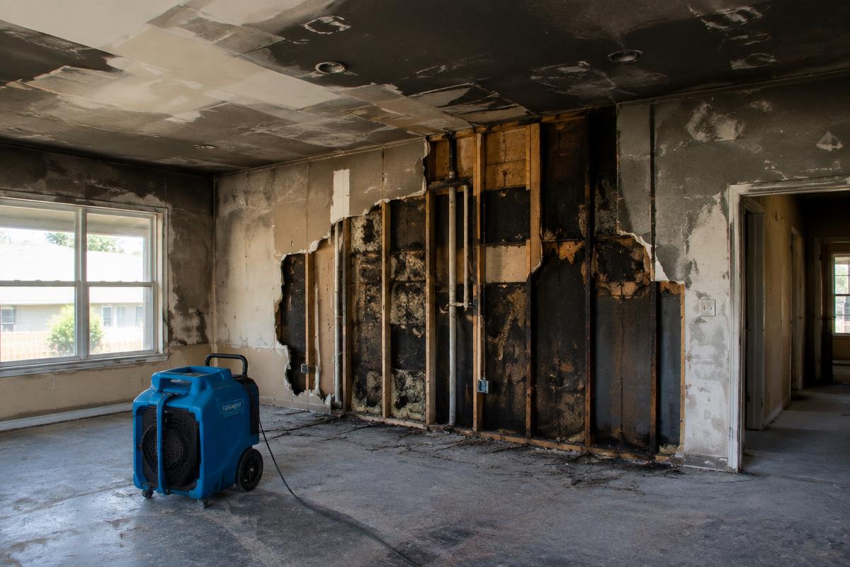 Soot-damaged room with walls opened and an air scrubber running