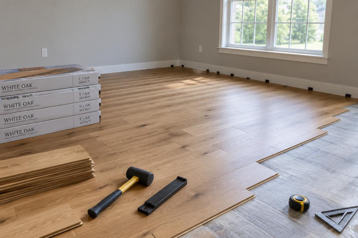 Oak plank flooring partly installed in an empty room with boxes of planks and tools