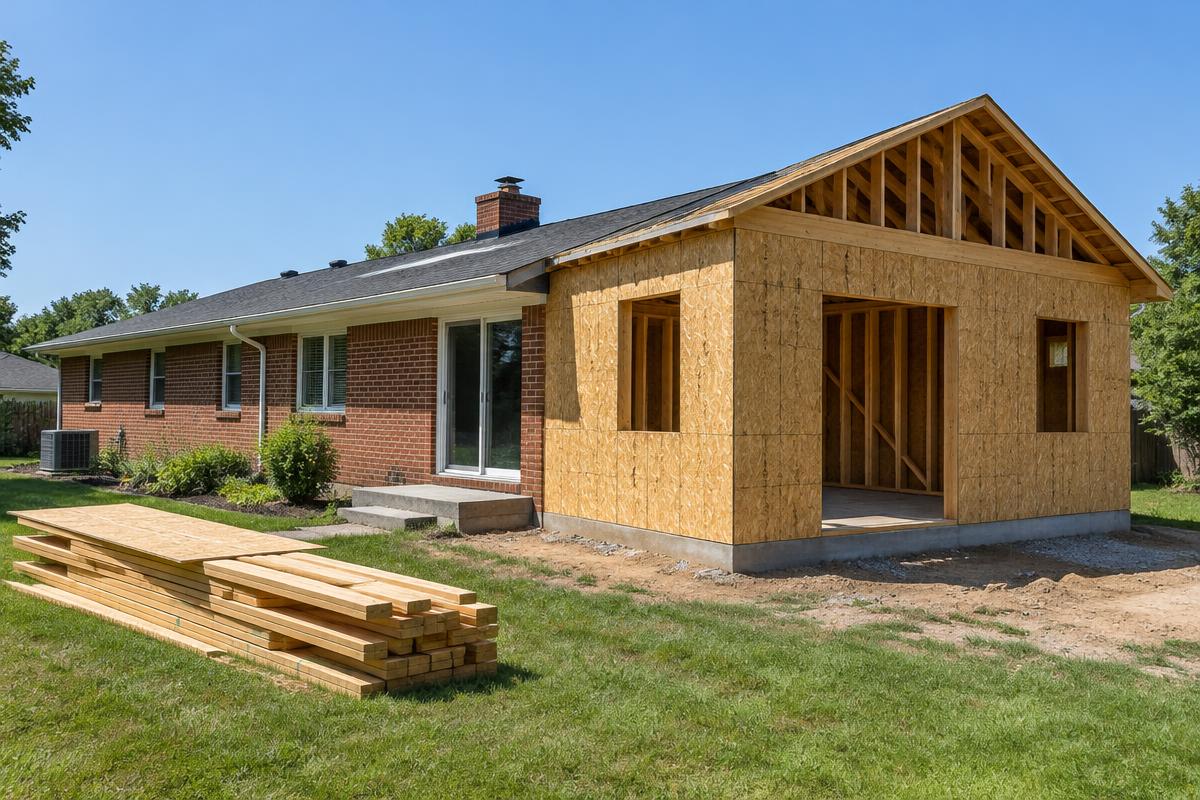 Framed home addition attached to a brick ranch house