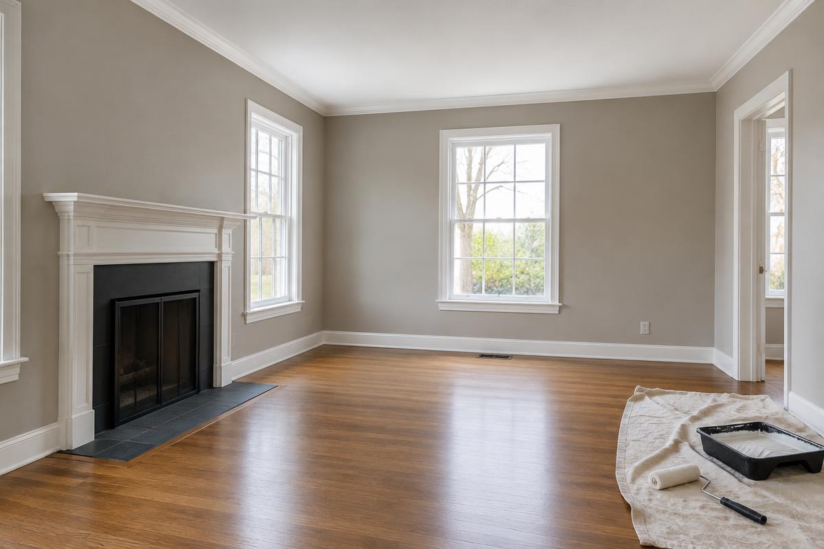 Freshly painted living room with greige walls, white trim and a paint roller on a drop cloth