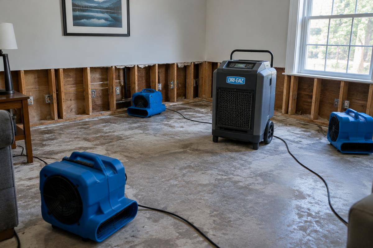 Room with lower drywall removed and air movers and a dehumidifier drying the space