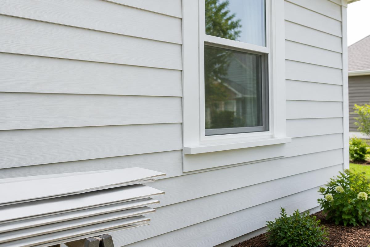 New white lap siding and window trim with spare siding boards stacked nearby