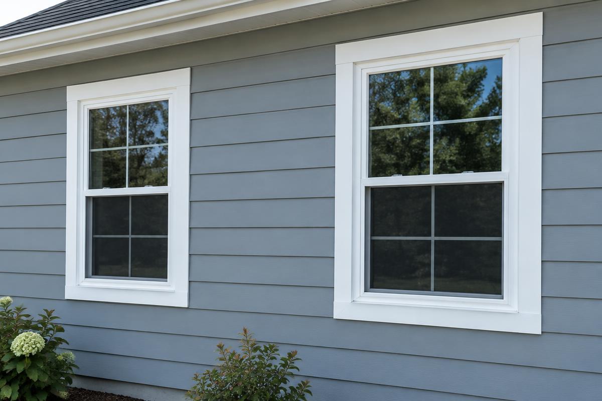 Two newly installed double-hung windows with white trim in blue-gray siding